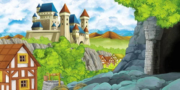 Escena de dibujos animados con castillo reino y valle de las montañas cerca del bosque y granja aldea asentamiento y la minería cueva ilustración para los niños — Foto de Stock