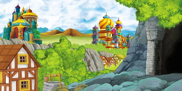 Cartoon scene with kingdom castle and mountains valley near the forest and farm village settlement and mining cave illustration for children — Stock Photo, Image