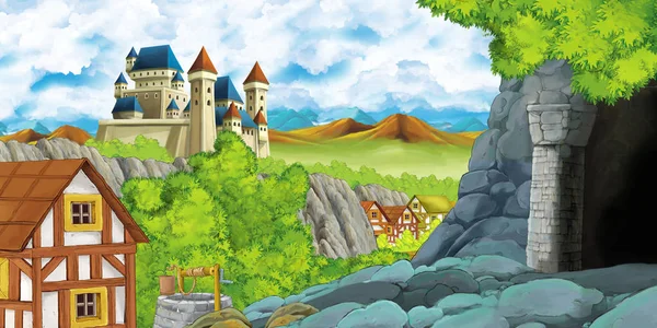 Escena de dibujos animados con castillo reino y valle de las montañas cerca del bosque y granja aldea asentamiento y la minería cueva ilustración para los niños — Foto de Stock