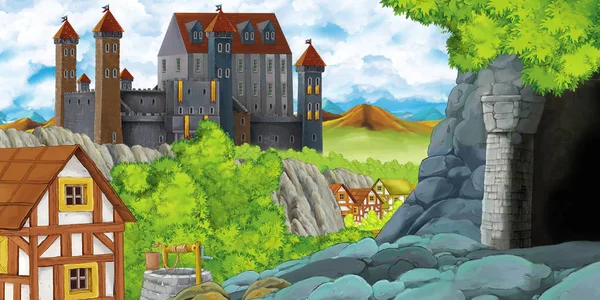 Cartoon scene with kingdom castle and mountains valley near the forest and farm village settlement and mining cave illustration for children — Stock Photo, Image
