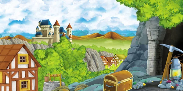 Kreslená scéna s královským hradem a horami údolí v blízkosti lesa a farmy vesnice osada a důlní jeskyně ilustrace pro děti — Stock fotografie