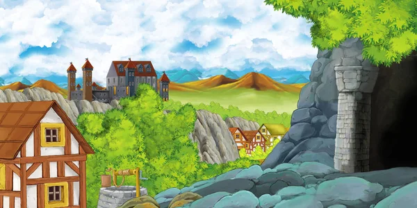 Scena del fumetto con regno castello e montagna valle vicino alla foresta e fattoria villaggio insediamento e miniera grotta illustrazione per i bambini — Foto Stock