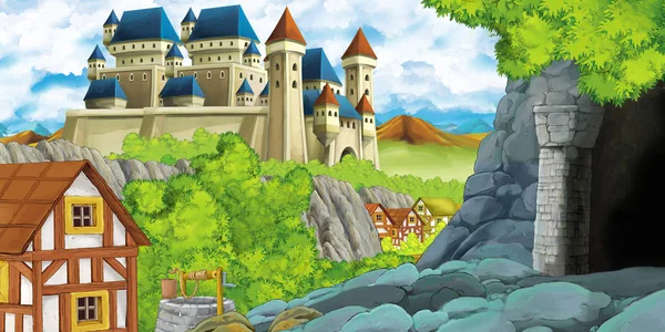 Escena de dibujos animados con castillo reino y valle de las montañas cerca del bosque y granja aldea asentamiento y la minería cueva ilustración para los niños — Foto de Stock