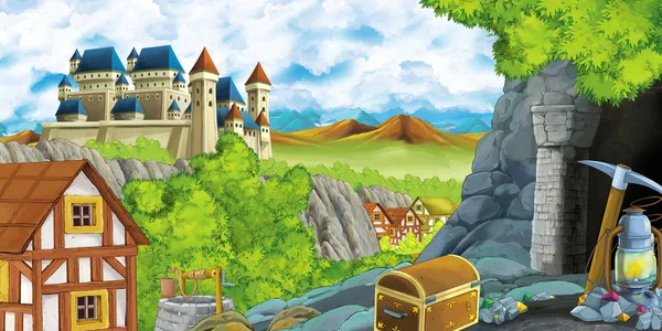 Escena de dibujos animados con castillo reino y valle de las montañas cerca del bosque y granja aldea asentamiento y la minería cueva ilustración para los niños — Foto de Stock