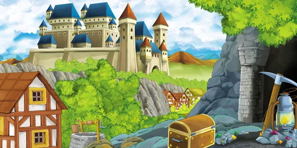 Zeichentrickszene mit Königsschloss und Bergtal in der Nähe von Wald- und Bauerndorf-Siedlung und Grubenhöhlenillustration für Kinder — Stockfoto