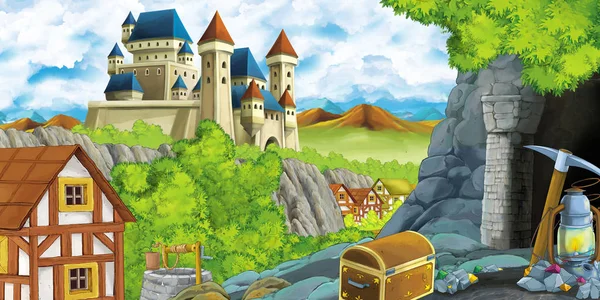 Kreslená scéna s královským hradem a horami údolí v blízkosti lesa a farmy vesnice osada a důlní jeskyně ilustrace pro děti — Stock fotografie