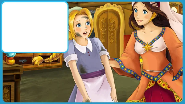 Cartoon fairy tale scene with princess and sorceress with frame for text - illustration for children — Stock Photo, Image