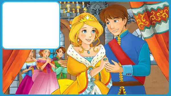 Cartoon scene with king and princess being happy with frame for text - illustration for children — Stock Photo, Image