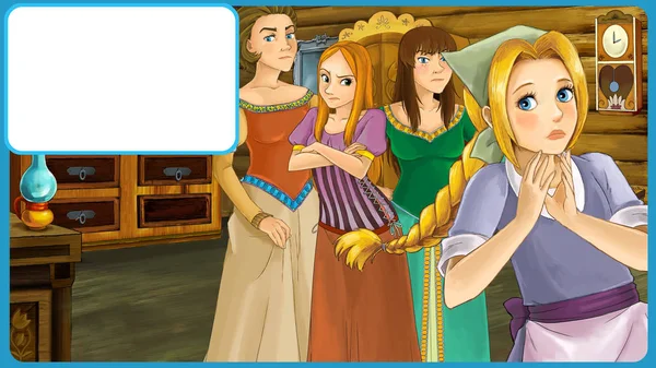 Escena de dibujos animados con sirvienta joven y algunas otras mujeres con marco para texto - ilustración para niños —  Fotos de Stock