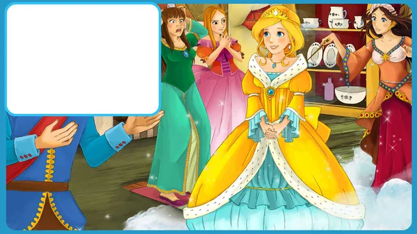 Cartoon scene with princess in the kitchen and some other people with frame for text - illustration for children — Stock Photo, Image