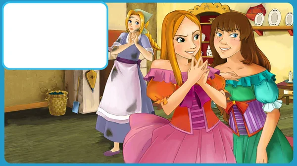 Cartoon scene with princess and other girls in the kitchen with frame for text - illustration for children — Stock Photo, Image