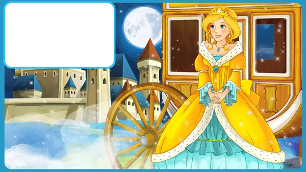 Cartoon scene with princess or queen looking at flying fairy - beautiful castle and carriage in the background with frame for text - illustration for children — Stock Photo, Image