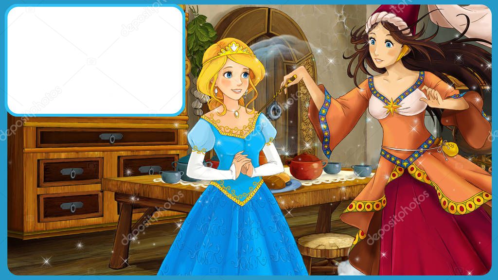 Cartoon fairy tale scene with princess and sorceress with frame for text - illustration for children