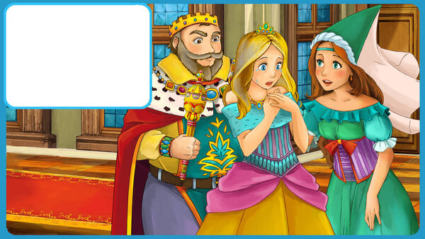 cartoon scene with handsome prince and beautiful princess - with frame for text illustration for the children