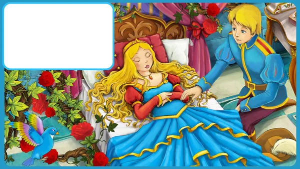 Kreslená scéna s krásným princem a krásnou princeznou - s rámečkem pro ilustraci textu pro děti — Stock fotografie