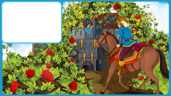 卡通片场景，年轻快乐的王子骑着马在森林城堡里，为孩子们提供了文字图解框架 — 图库照片