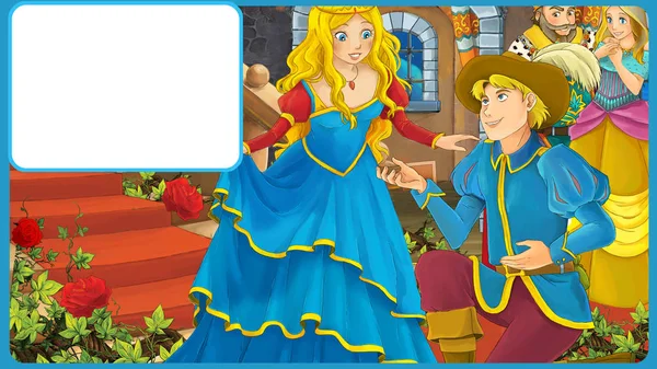 Escena de dibujos animados con príncipe guapo y hermosa princesa - con marco para la ilustración de texto para los niños — Foto de Stock