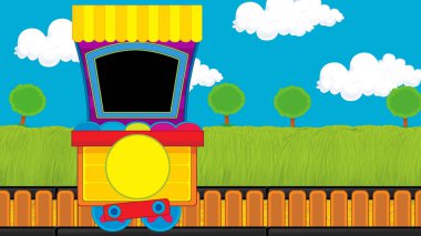 Çizgi film komik görünümlü buhar vagonu treni çayırın yanında - çocuklar için çizim