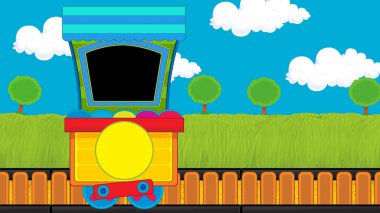 Çizgi film komik görünümlü buhar vagonu treni çayırın yanında - çocuklar için çizim