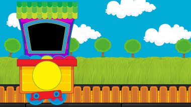 Çizgi film komik görünümlü buhar vagonu treni çayırın yanında - çocuklar için çizim