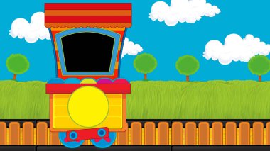 Çizgi film komik görünümlü buhar vagonu treni çayırın yanında - çocuklar için çizim