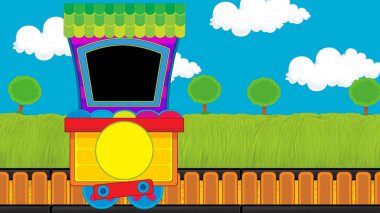 Çizgi film komik görünümlü buhar vagonu treni çayırın yanında - çocuklar için çizim