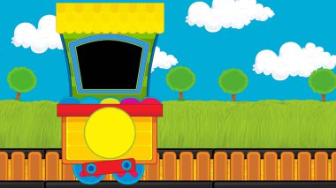 Çizgi film komik görünümlü buhar vagonu treni çayırın yanında - çocuklar için çizim