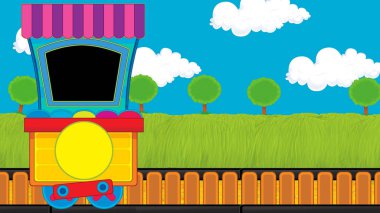 Çizgi film komik görünümlü buhar vagonu treni çayırın yanında - çocuklar için çizim