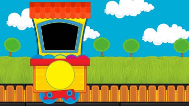 Çizgi film komik görünümlü buhar vagonu treni çayırın yanında - çocuklar için çizim