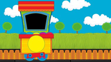Çizgi film komik görünümlü buhar vagonu treni çayırın yanında - çocuklar için çizim
