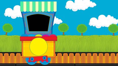 Çizgi film komik görünümlü buhar vagonu treni çayırın yanında - çocuklar için çizim