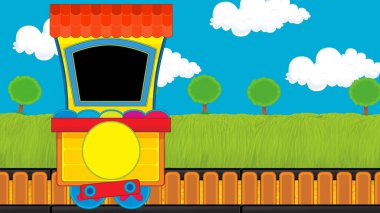 Çizgi film komik görünümlü buhar vagonu treni çayırın yanında - çocuklar için çizim