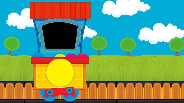 Çizgi film komik görünümlü buhar vagonu treni çayırın yanında - çocuklar için çizim