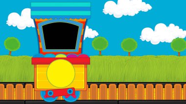 Çizgi film komik görünümlü buhar vagonu treni çayırın yanında - çocuklar için çizim