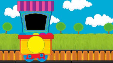 Çizgi film komik görünümlü buhar vagonu treni çayırın yanında - çocuklar için çizim