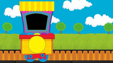Çizgi film komik görünümlü buhar vagonu treni çayırın yanında - çocuklar için çizim