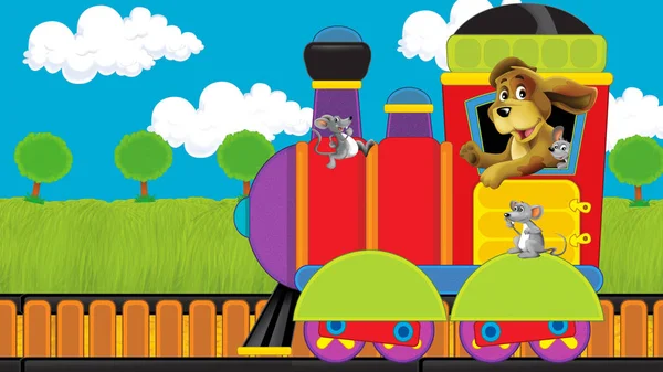 犬とマウスで牧草地を通って行く漫画の面白い蒸気機関車-子供のためのイラスト — ストック写真