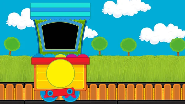 Cartoni animati divertente vagone treno a vapore vicino al prato - illustrazione per i bambini — Foto Stock