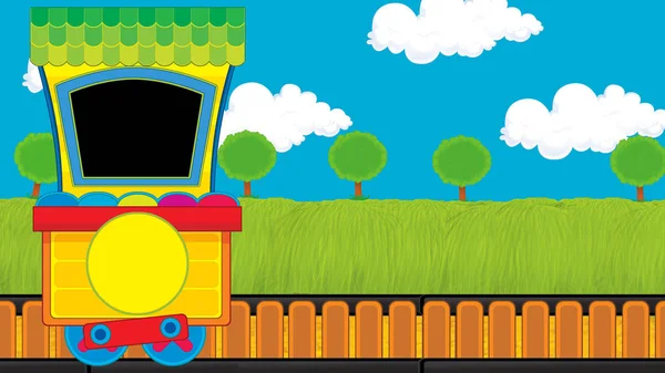 Cartoni animati divertente vagone treno a vapore vicino al prato - illustrazione per i bambini — Foto Stock
