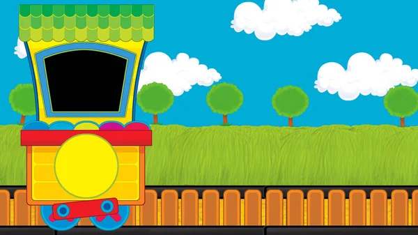 Çizgi film komik görünümlü buhar vagonu treni çayırın yanında - çocuklar için çizim