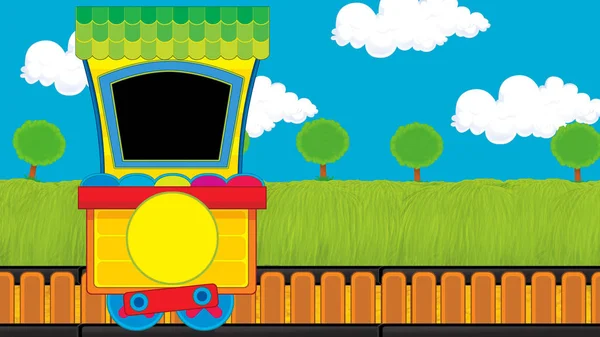 Cartoon Lustig aussehende Dampfwaggon-Eisenbahn in der Nähe der Wiese - Illustration für Kinder — Stockfoto