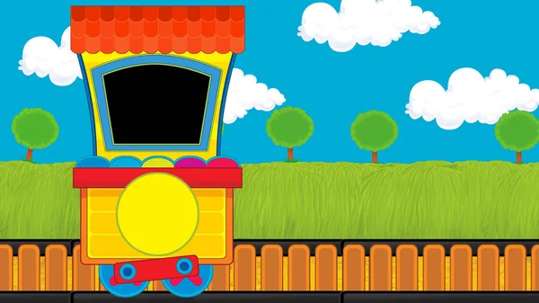 Kreskówkowy śmiesznie wyglądający wagon parowy w pobliżu łąki - ilustracja dla dzieci — Zdjęcie stockowe