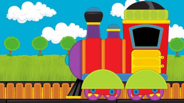 Çizgi film komik görünümlü buhar treni çayırdan geçiyor - çocuklar için çizim
