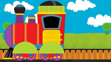 Çizgi film komik görünümlü buhar treni çayırdan geçiyor - çocuklar için çizim