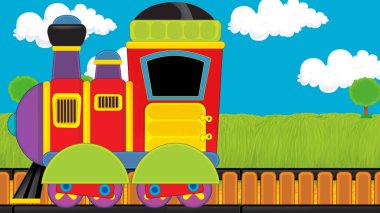 Çizgi film komik görünümlü buhar treni çayırdan geçiyor - çocuklar için çizim
