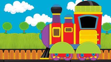 Çizgi film komik görünümlü buhar treni çayırdan geçiyor - çocuklar için çizim
