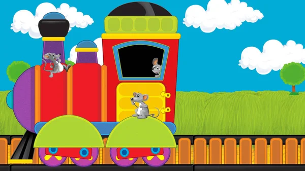 Kreskówkowy śmiesznie wyglądający pociąg parowy przechodzący przez łąkę - ilustracja dla dzieci — Zdjęcie stockowe