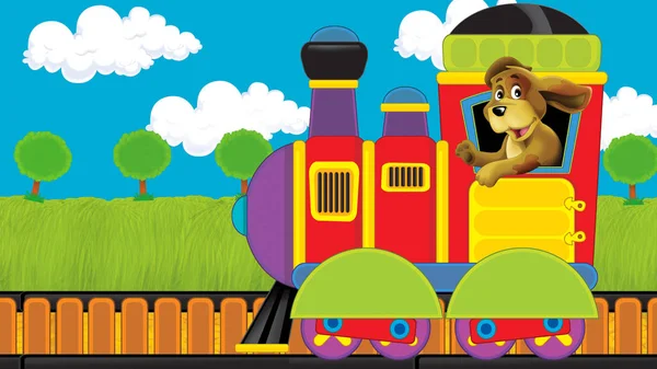 Desenhos animados engraçado olhando trem a vapor passando pelo prado - ilustração para crianças — Fotografia de Stock