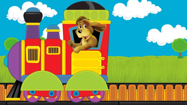 牧草地を通って行く漫画面白い蒸気機関車-子供のためのイラスト — ストック写真
