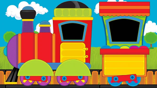 Cartoon grappig ogende stoomtrein gaan door het weiland - illustratie voor kinderen — Stockfoto